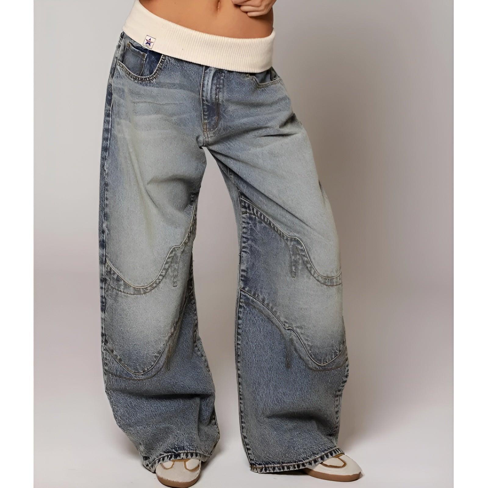 MEWE | Baggy Wide Leg Denim Trousers with Ribbed Waistband