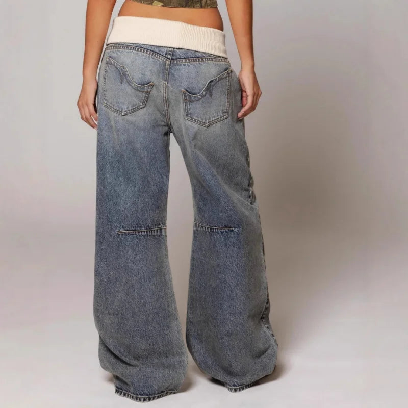 MEWE | Baggy Wide Leg Denim Trousers with Ribbed Waistband