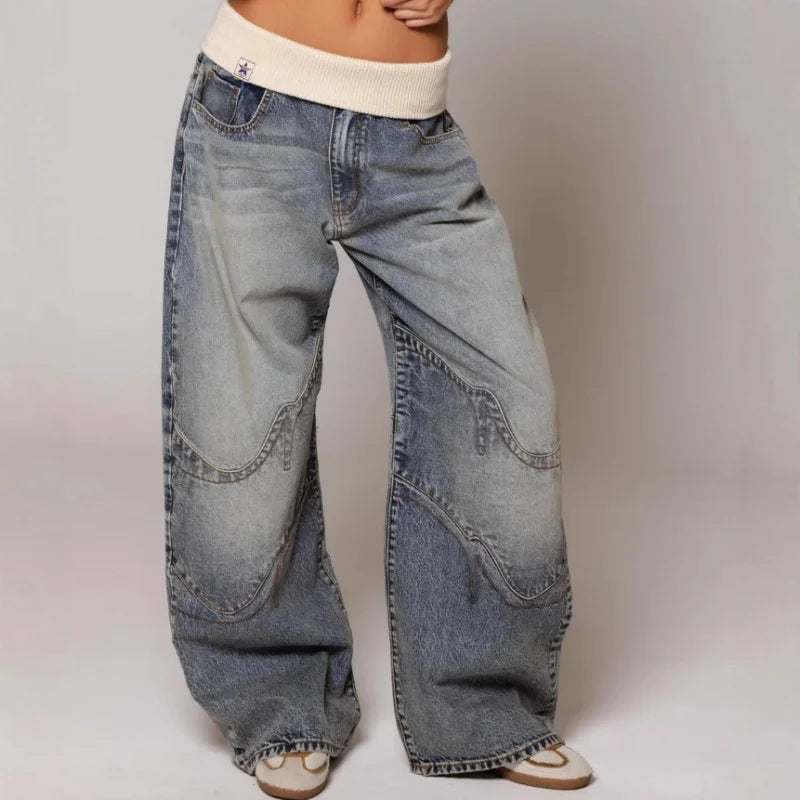 MEWE | Baggy Wide Leg Denim Trousers with Ribbed Waistband
