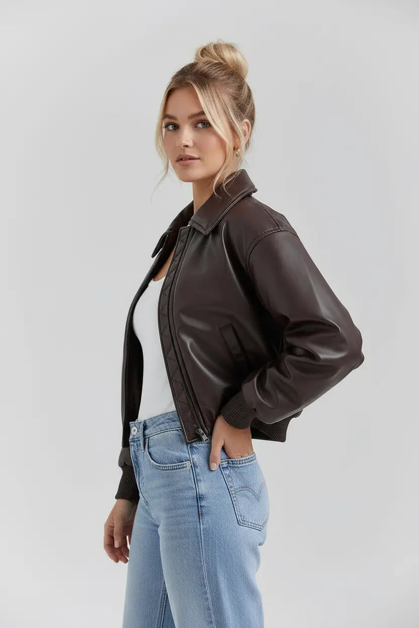 MEWE | Vegan Leather Bomber Jacket with Zip Front and Elastic Hem Mewe London