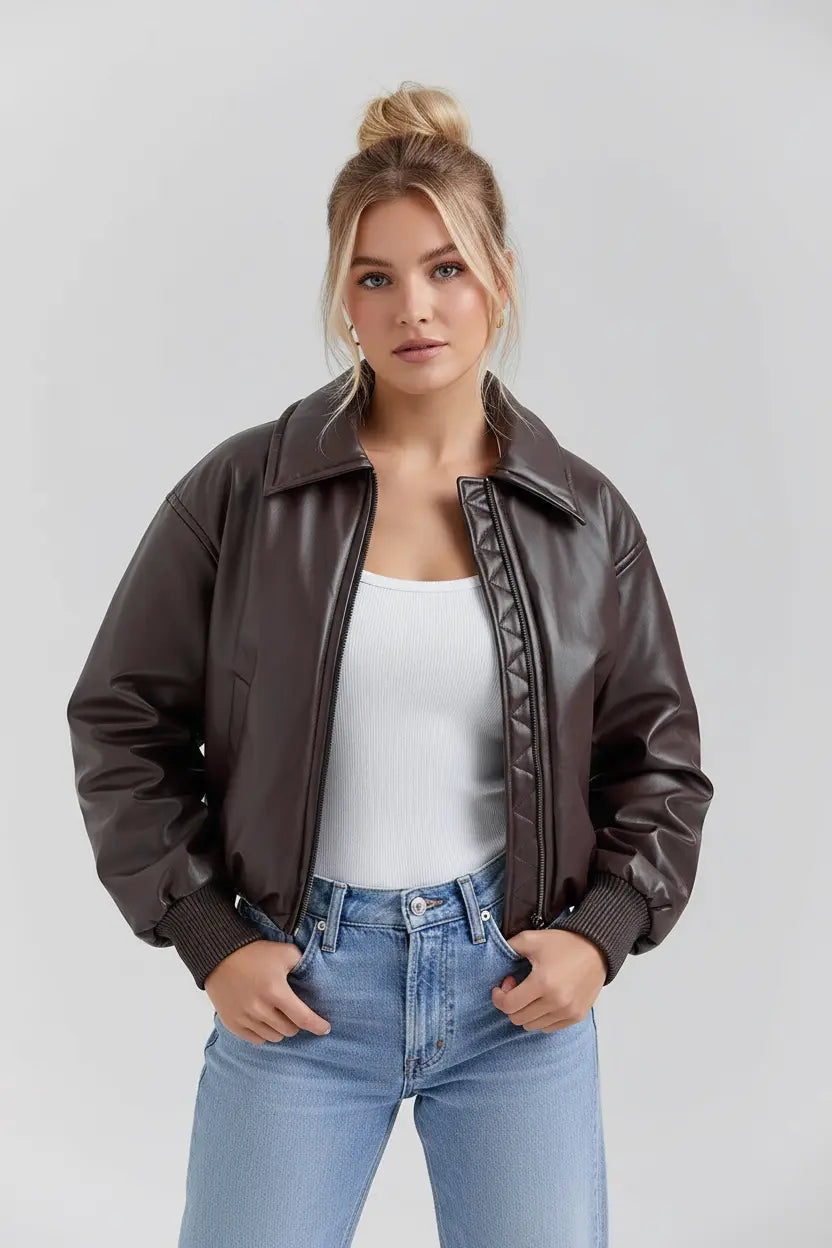 MEWE | Vegan Leather Bomber Jacket with Zip Front and Elastic Hem Mewe London
