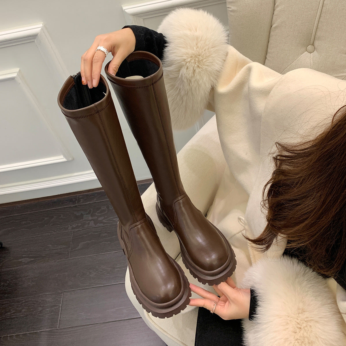 MEWE | Chunky Knee-High Platform Boots with Back Zip