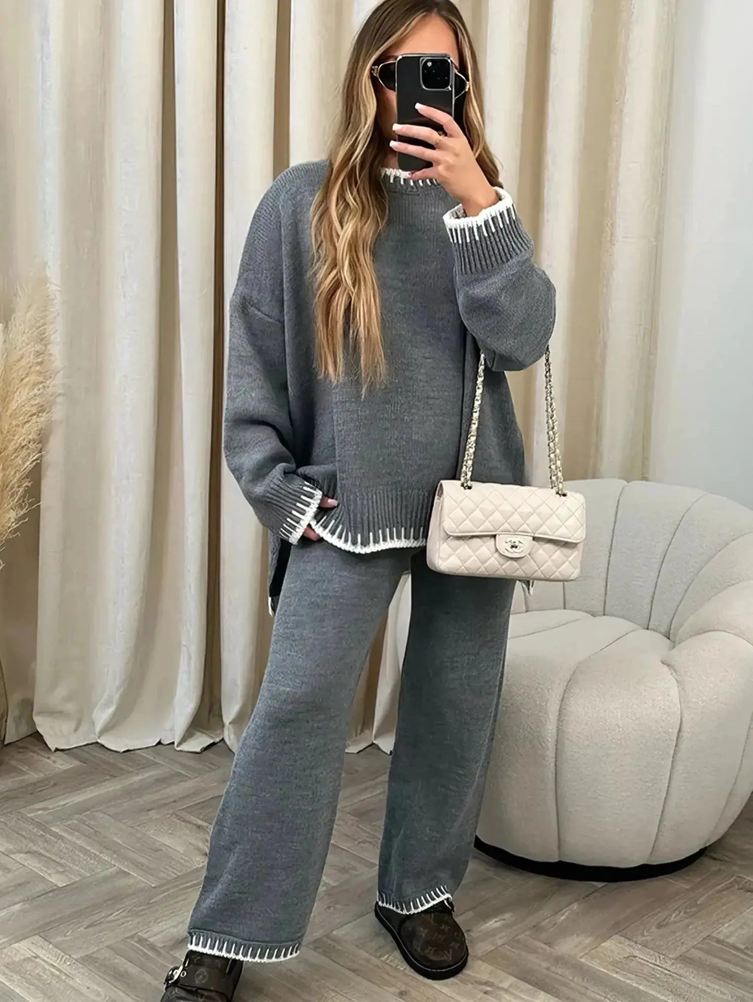 MEWE | Contrast Trim Knit Lounge Set with Wide Leg Trousers Mewe London