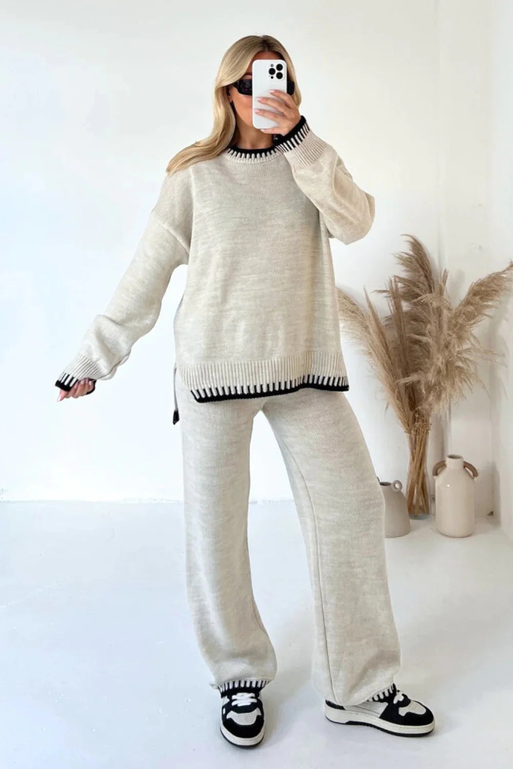 MEWE | Contrast Trim Knit Lounge Set with Wide Leg Trousers