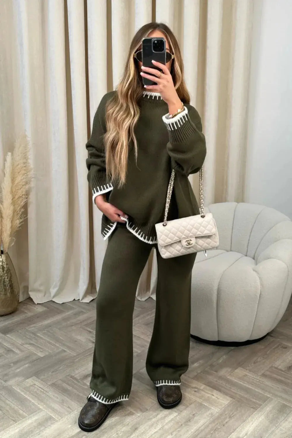 MEWE | Contrast Trim Knit Lounge Set with Wide Leg Trousers Mewe London