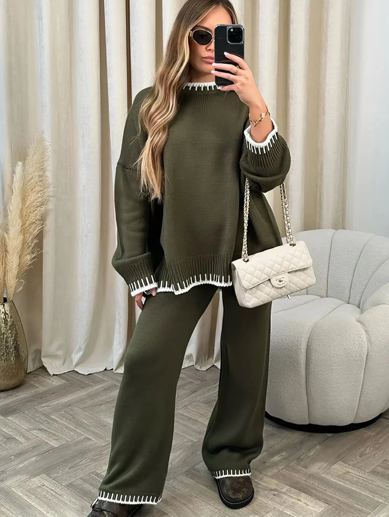 MEWE | Contrast Trim Knit Lounge Set with Wide Leg Trousers