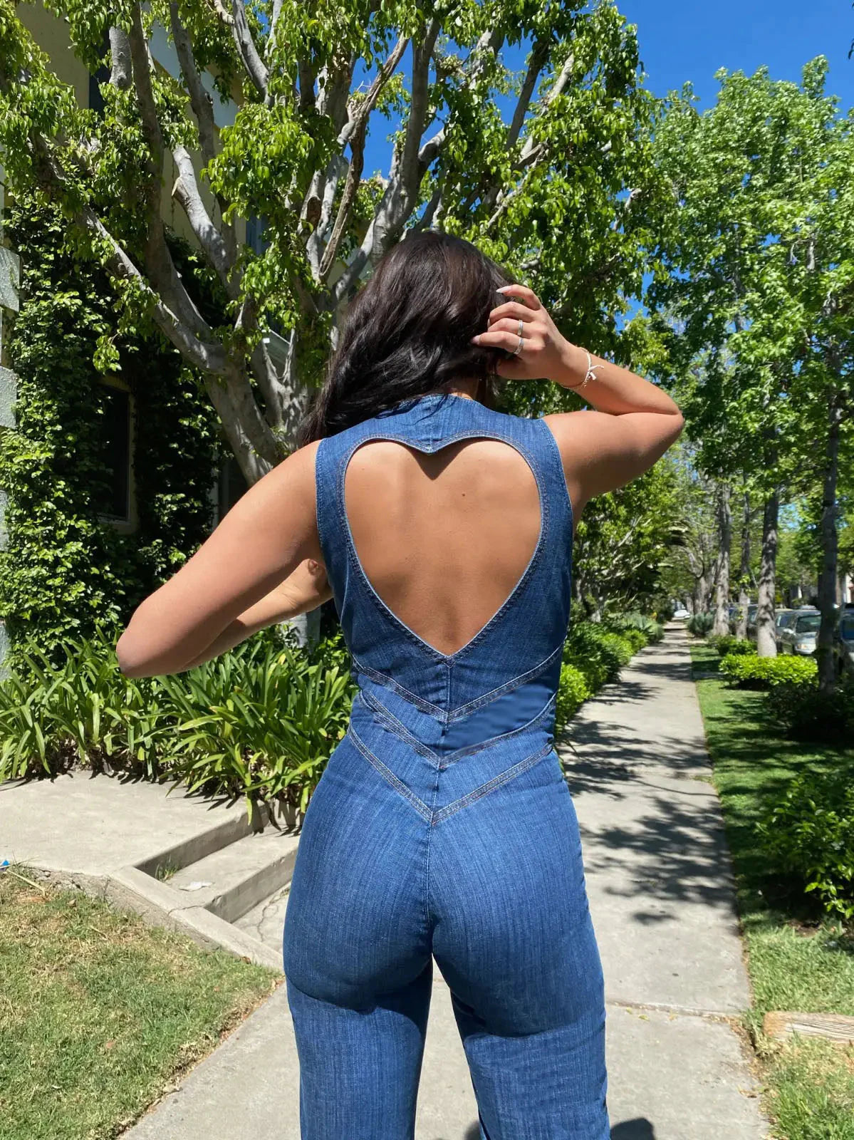MEWE | Fitted Denim Jumpsuit with Plunge Neck and Flared Legs