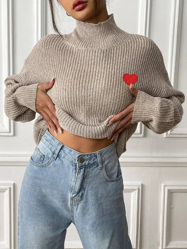 MEWE | High-Neck Knit Sweater with Embroidered Heart and Bishop Sleeves Mewe London