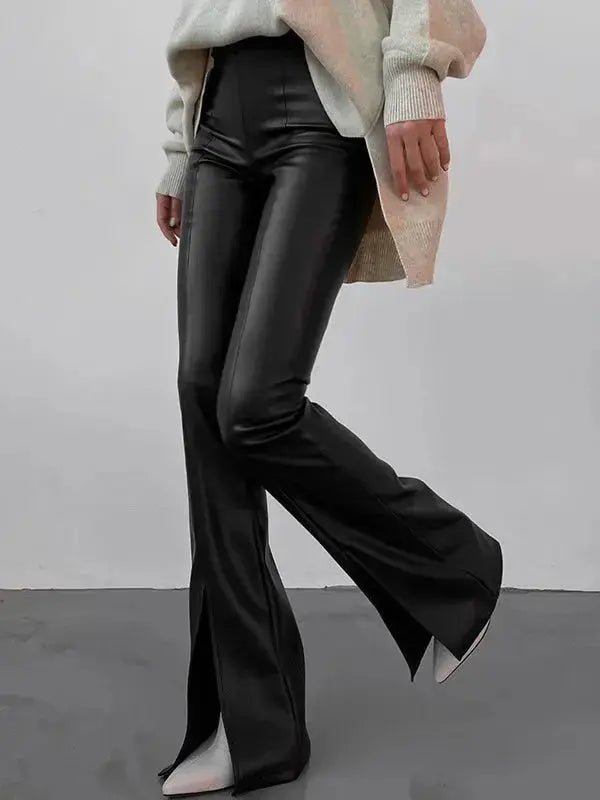 MEWE | High-Rise Flared Trousers with Front Slits in Coated Faux Material Mewe London