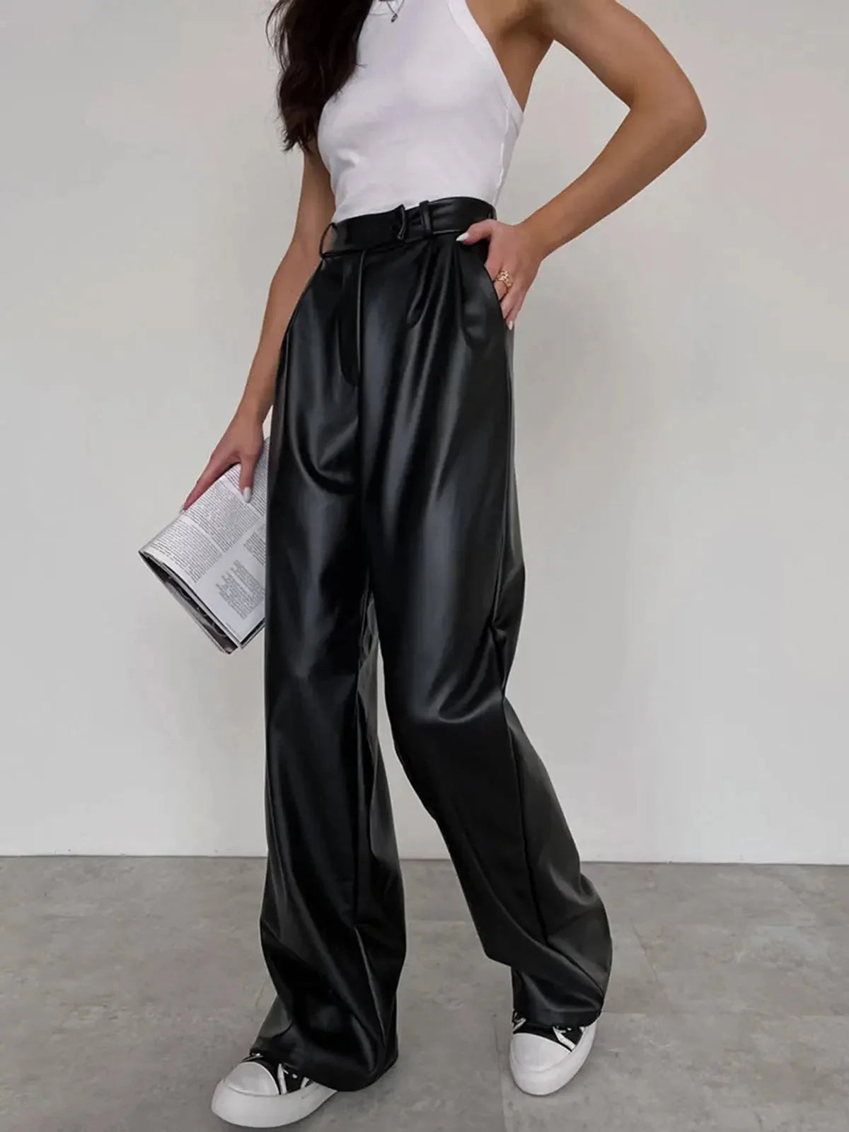 MEWE | High-Rise Wide-Leg Trousers in Coated Faux Material