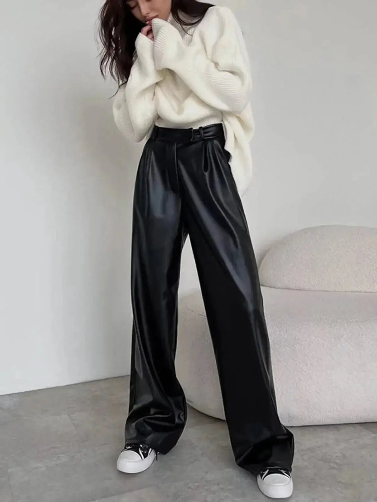 MEWE | High-Rise Wide-Leg Trousers in Coated Faux Material Mewe London