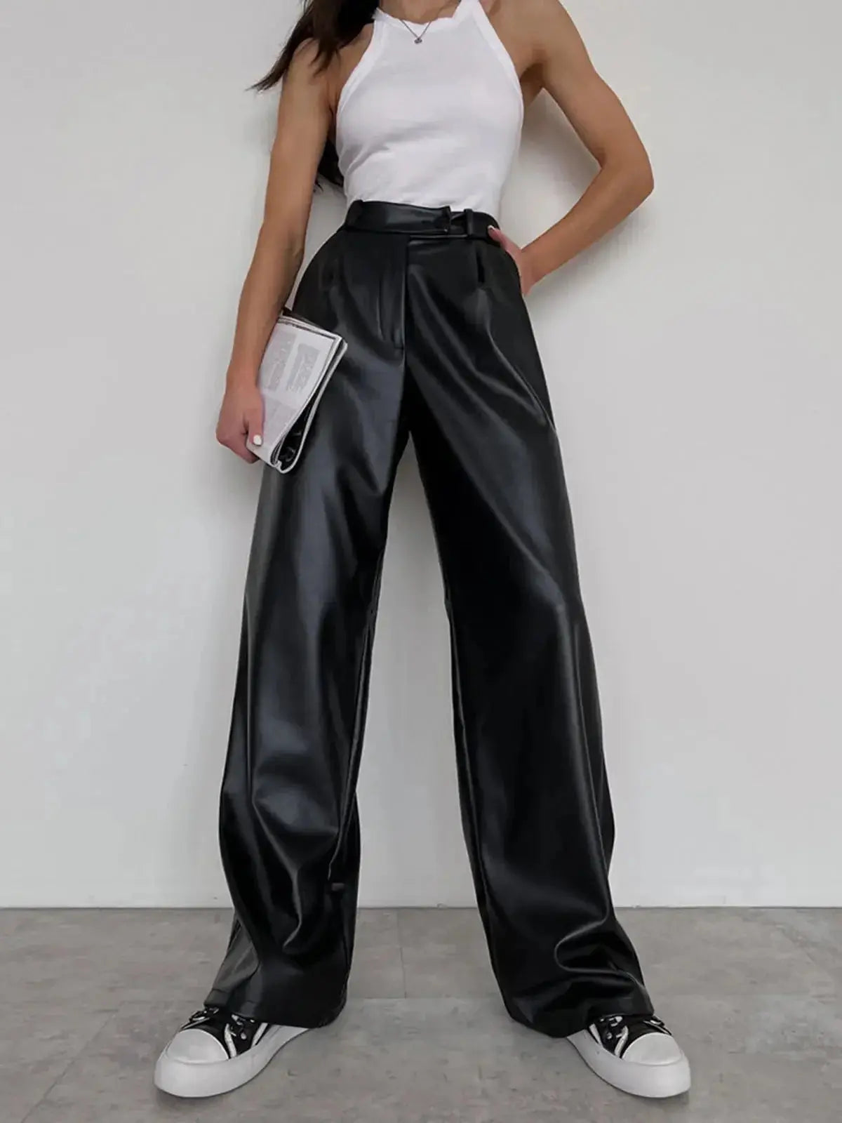 MEWE | High-Rise Wide-Leg Trousers in Coated Faux Material Mewe London