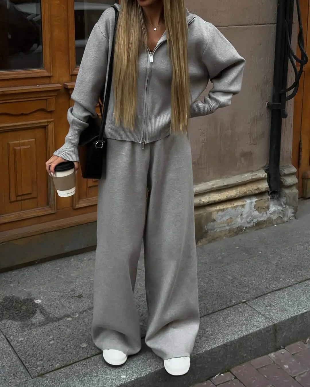 MEWE | Knitted Zip Jacket and Wide-Leg Trousers Set with Stand Collar Mewe London