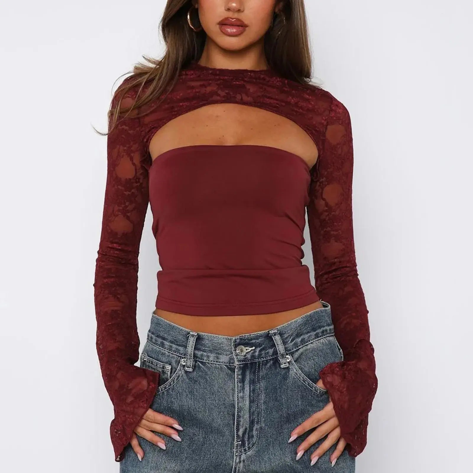 MEWE | Lace Cut-Out Long Sleeve Top with Flared Sleeves Mewe London