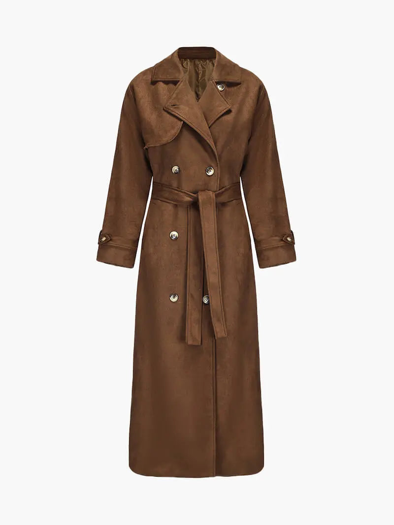 MEWE | Long Faux Suede Trench Coat with Belt and Overlap Front Mewe London