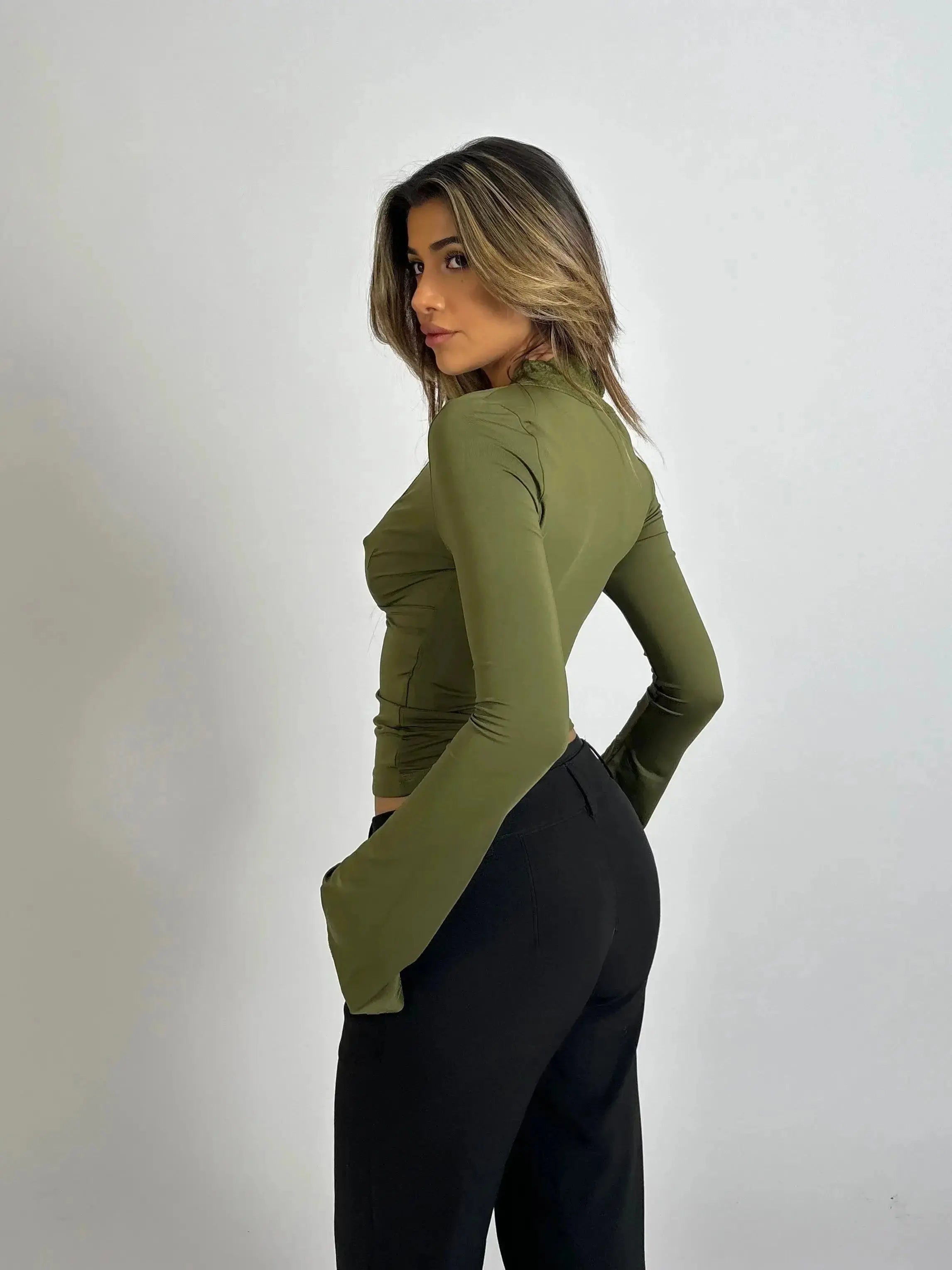 MEWE | Long-Sleeve Wrap Top with Lace Trim and Deep V-Neck Mewe London