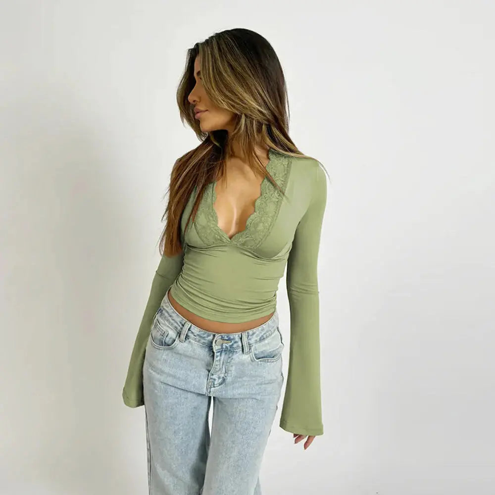 MEWE | Long-Sleeve Wrap Top with Lace Trim and Deep V-Neck Mewe London