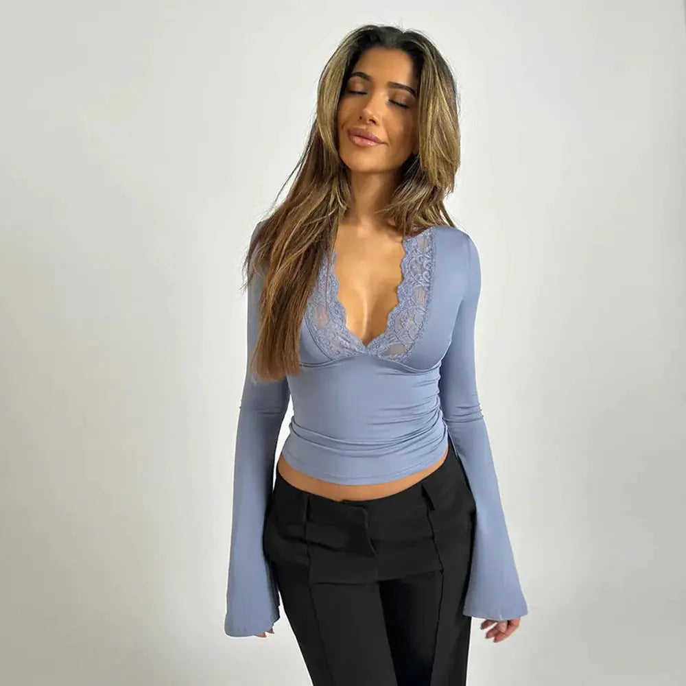 MEWE | Long-Sleeve Wrap Top with Lace Trim and Deep V-Neck Mewe London