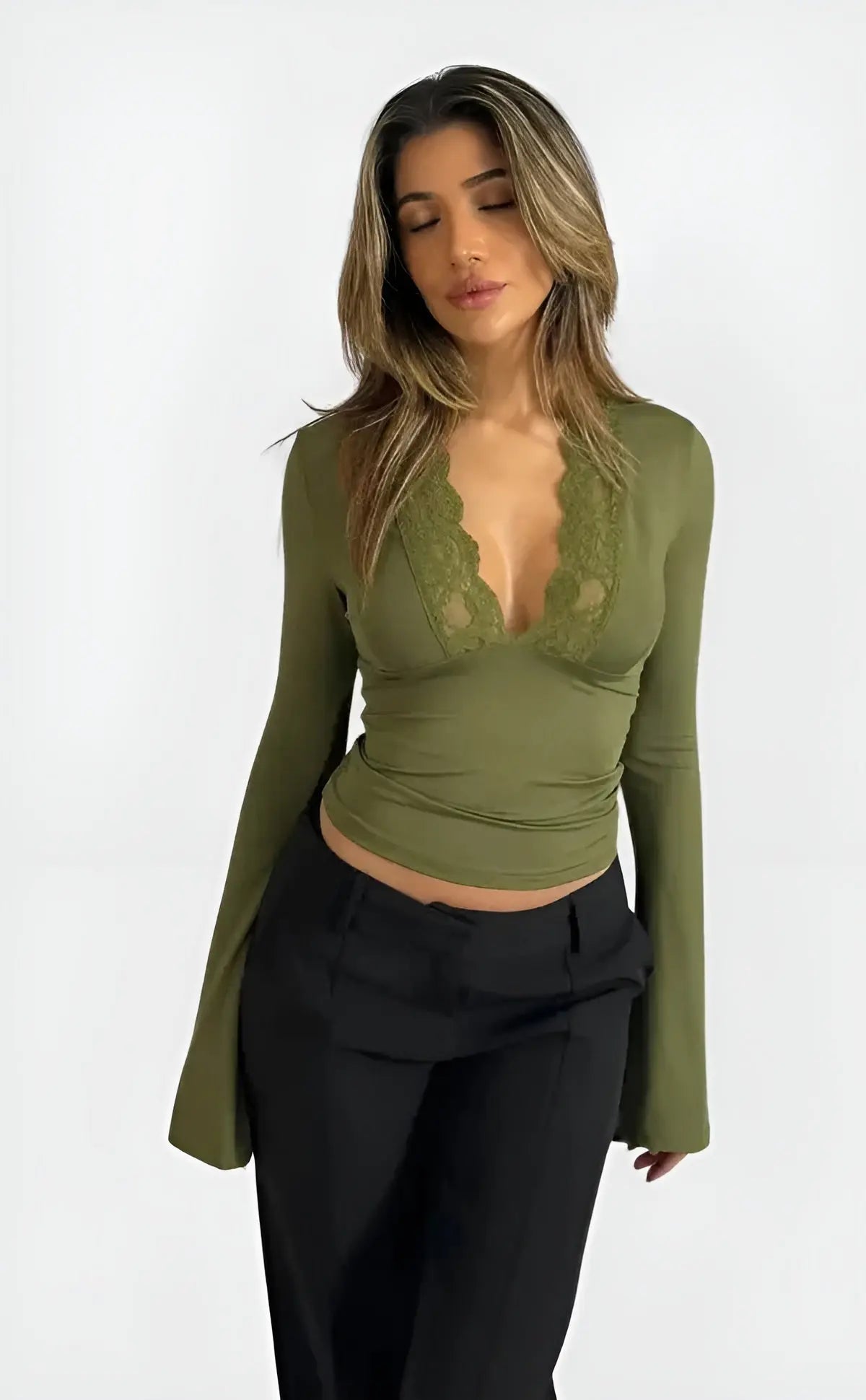 MEWE | Long-Sleeve Wrap Top with Lace Trim and Deep V-Neck Mewe London