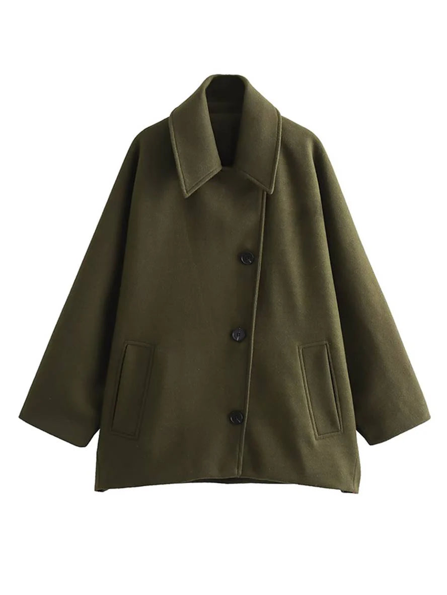 MEWE | Mid-Length Wool Blend Coat with Lapel Collar and Batwing Sleeves