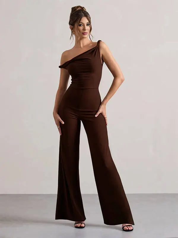 MEWE | One-Shoulder Flare Jumpsuit with Boat Neck Mewe London