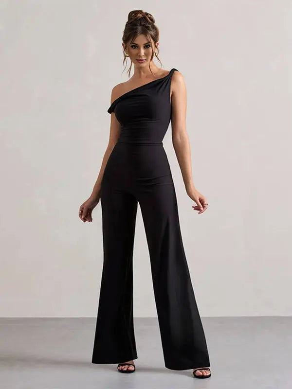 MEWE | One-Shoulder Flare Jumpsuit with Boat Neck Mewe London