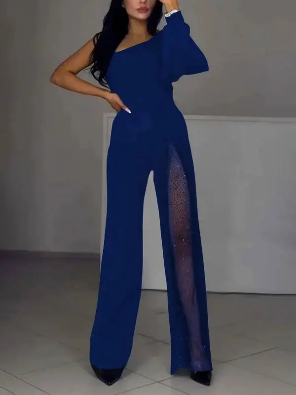 MEWE | One-Shoulder Flare Jumpsuit with Side Slit and Long Sleeves Mewe London