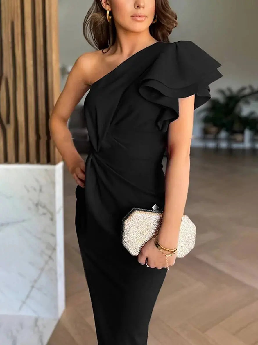 MEWE | One-Shoulder Maxi Dress with Layered Ruffles and Side Slit Mewe London