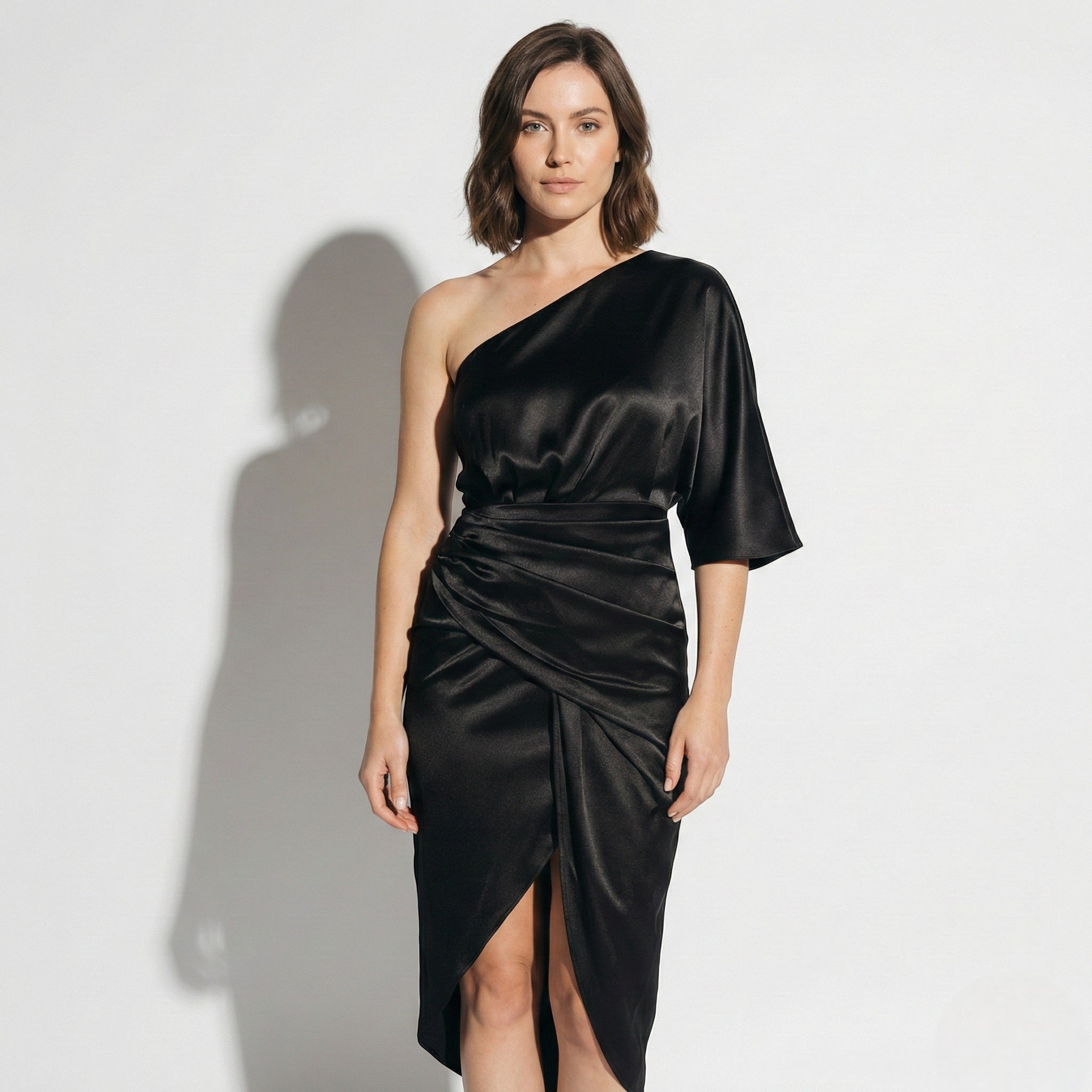 MEWE | One Shoulder Satin Midi Dress with Wrap Style Skirt Mewe London