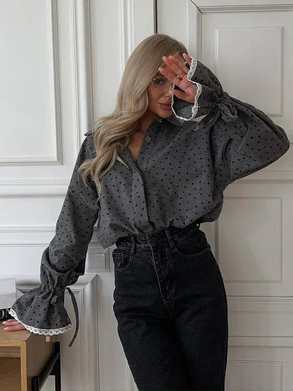 MEWE | Polka Dot Blouse with Lace Cuffs and Flared Long Sleeves Mewe London