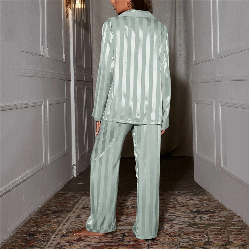 MEWE | Satin Stripe Pyjama Set with Button Front Shirt and Wide Leg Trousers Mewe London