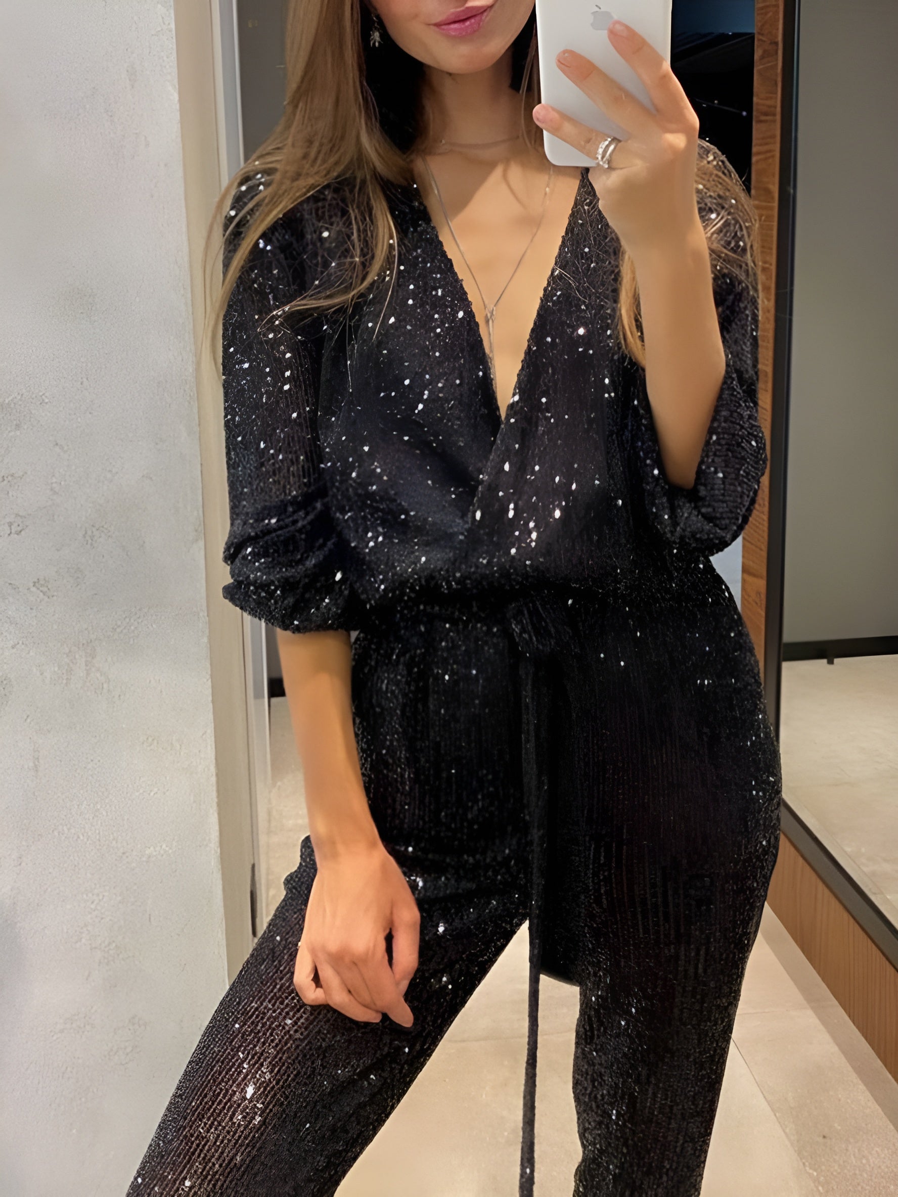MEWE | Sequin Belt Jumpsuit with V-Neckline and Long Sleeves