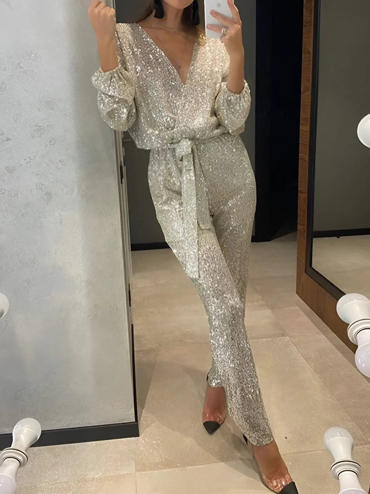 MEWE | Sequin Belt Jumpsuit with V-Neckline and Long Sleeves Mewe London