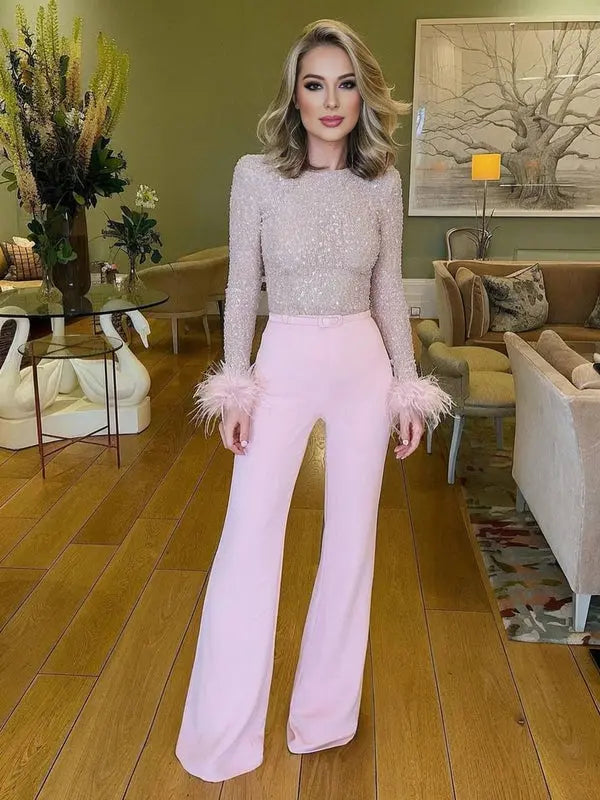 MEWE | Sequin Jumpsuit with Feather Belt and Long Sleeves Mewe London