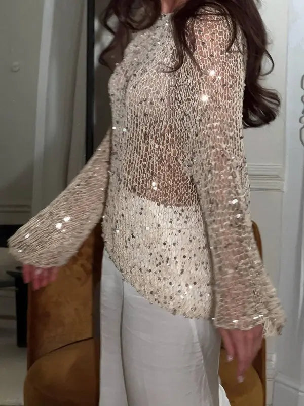 MEWE | Sequin Knit Top with Round Neck and Long Sleeves Mewe London