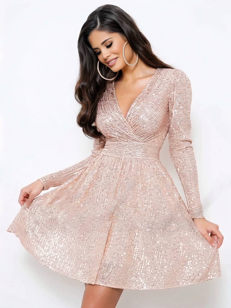 MEWE | Sequin Mini Dress with V-Neck and Long Sleeves