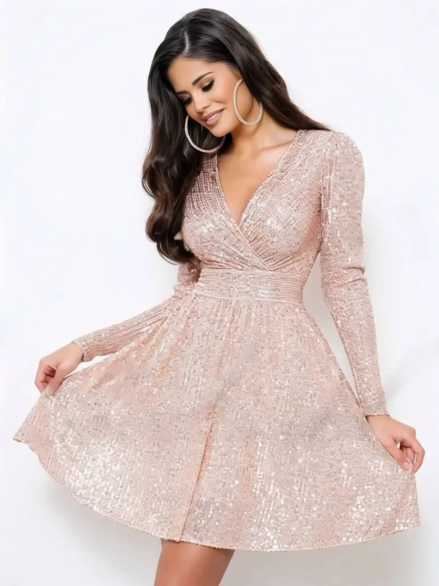 MEWE | Sequin Mini Dress with V-Neck and Long Sleeves Mewe London