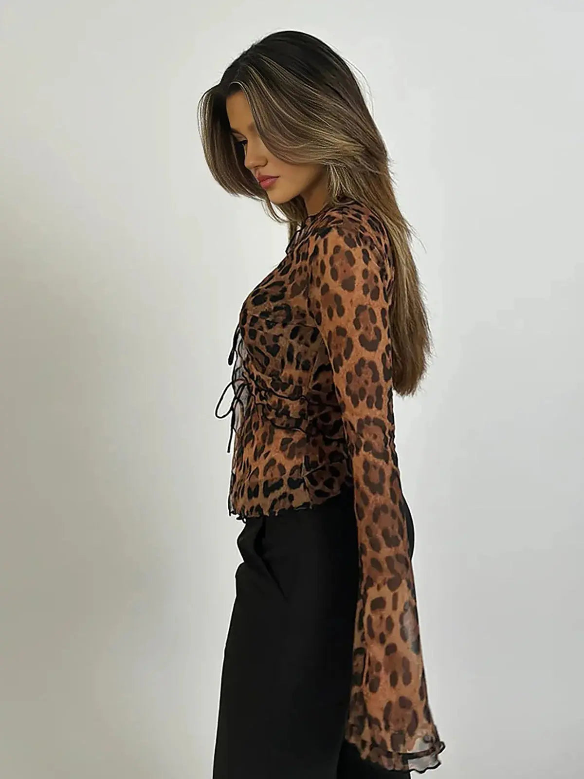 MEWE | Sheer Leopard Print Ruffle Tie Blouse with Long Sleeves Mewe London