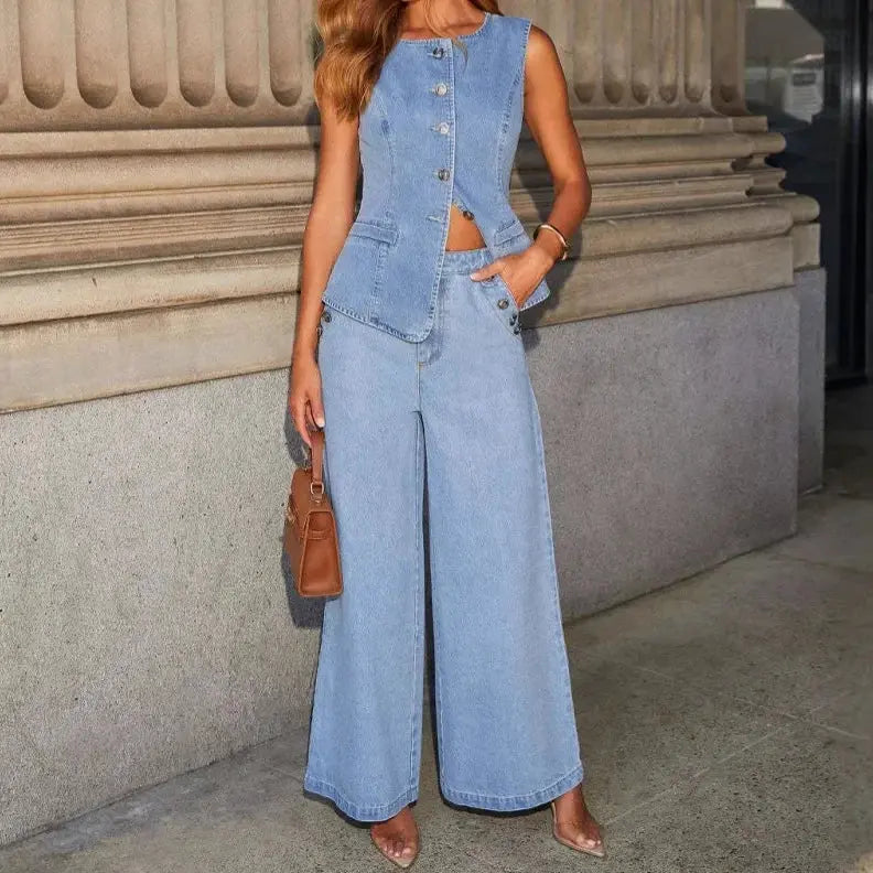 MEWE | Sleeveless Denim Co-Ord Set with Waistcoat Top and Wide Leg Trousers Mewe London