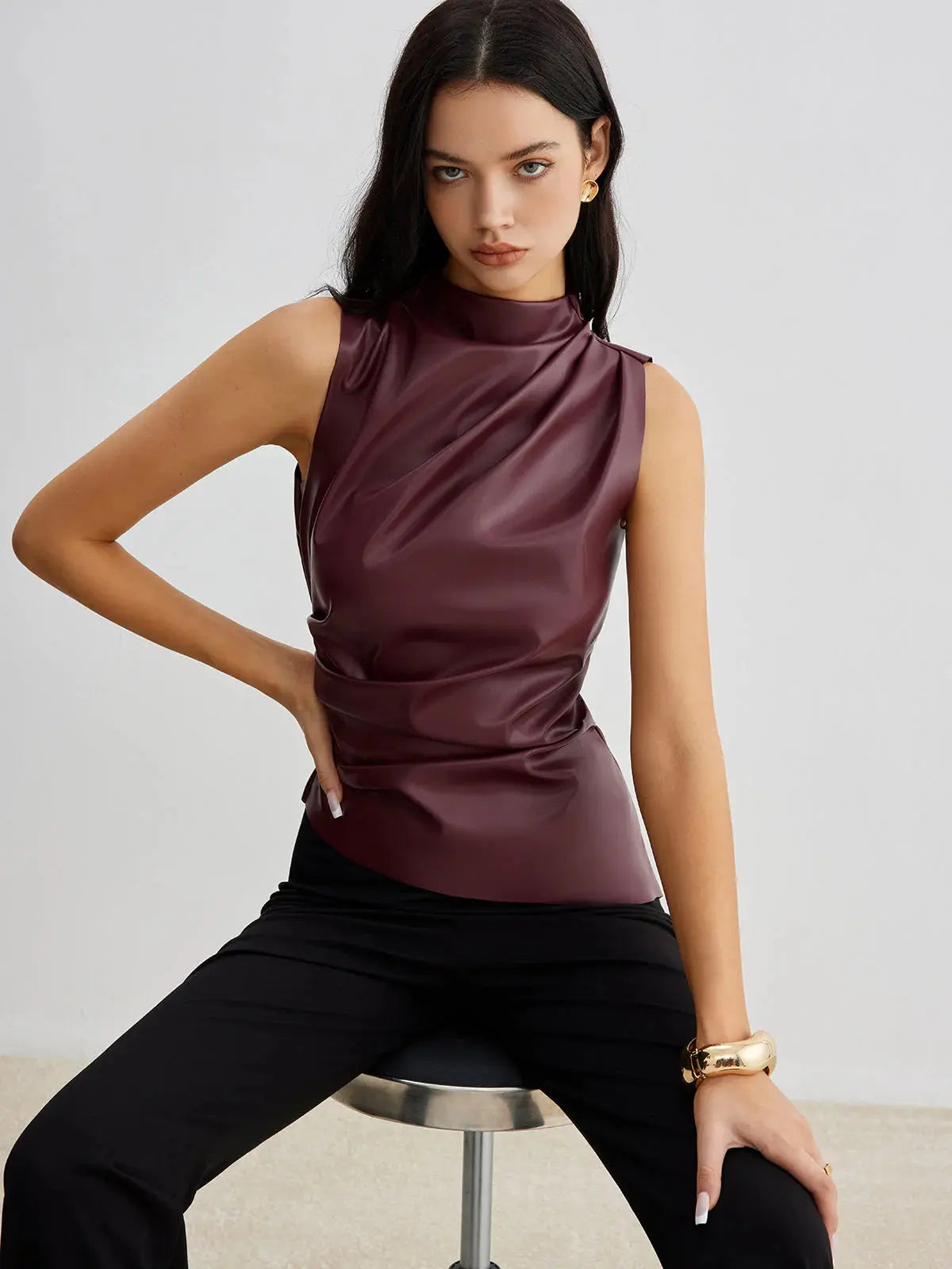 MEWE | Sleeveless Faux Material Top with High Neck Drape Detail Mewe London