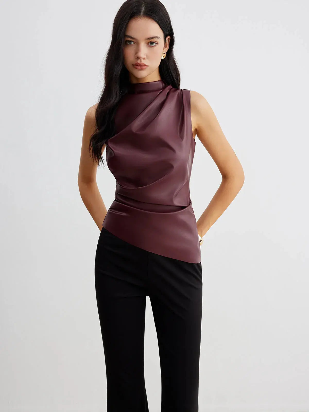 MEWE | Sleeveless Faux Material Top with High Neck Drape Detail Mewe London