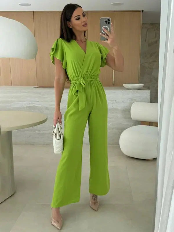 MEWE | Sleeveless V-Neck Jumpsuit with Belt and Wide-Leg Design Mewe London