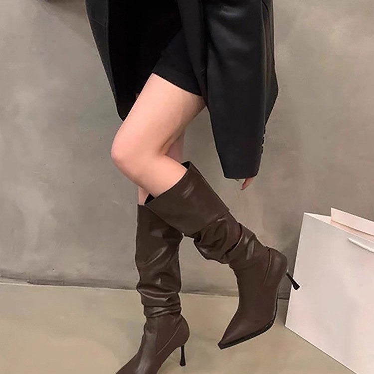 MEWE | Slouch Knee-High Stiletto Boots with Pointed Toe