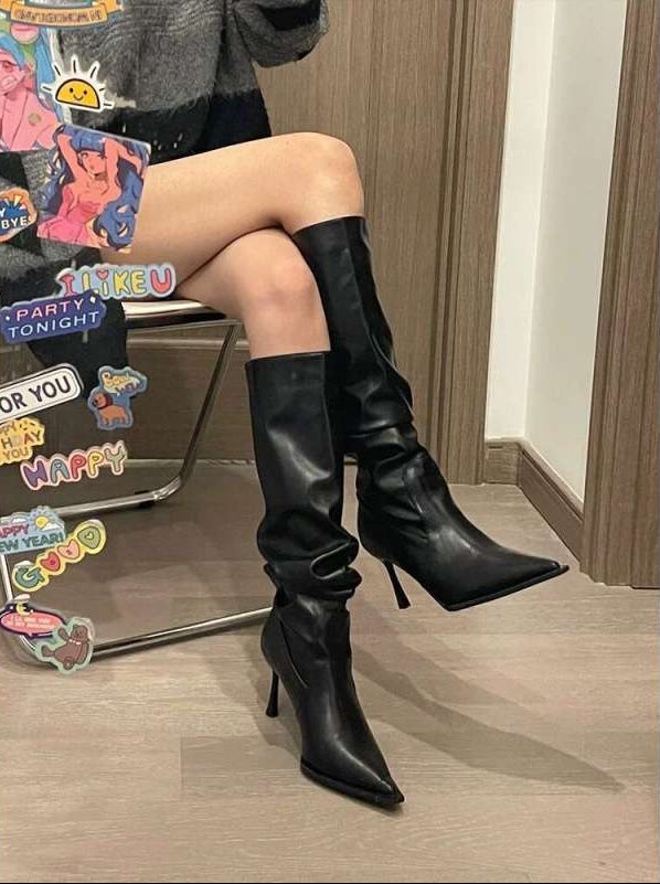 MEWE | Slouch Knee-High Stiletto Boots with Pointed Toe