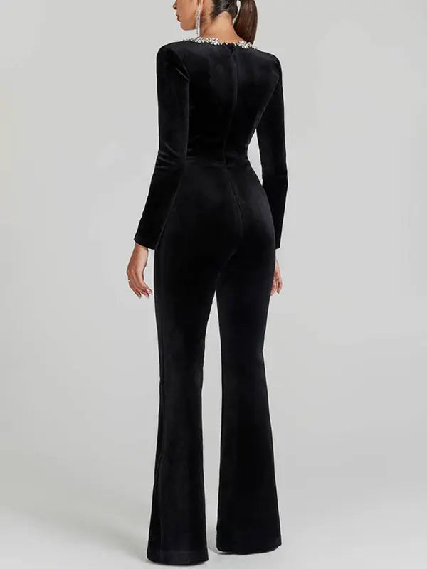 MEWE | Square-Neck Velvet Jumpsuit with Long Sleeves and Flared Trousers Mewe London