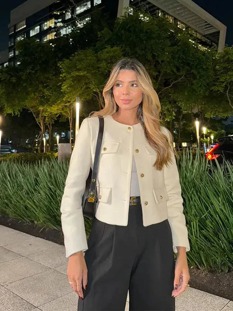 MEWE | Textured Button-Up Cropped Jacket with Round Neckline Mewe London