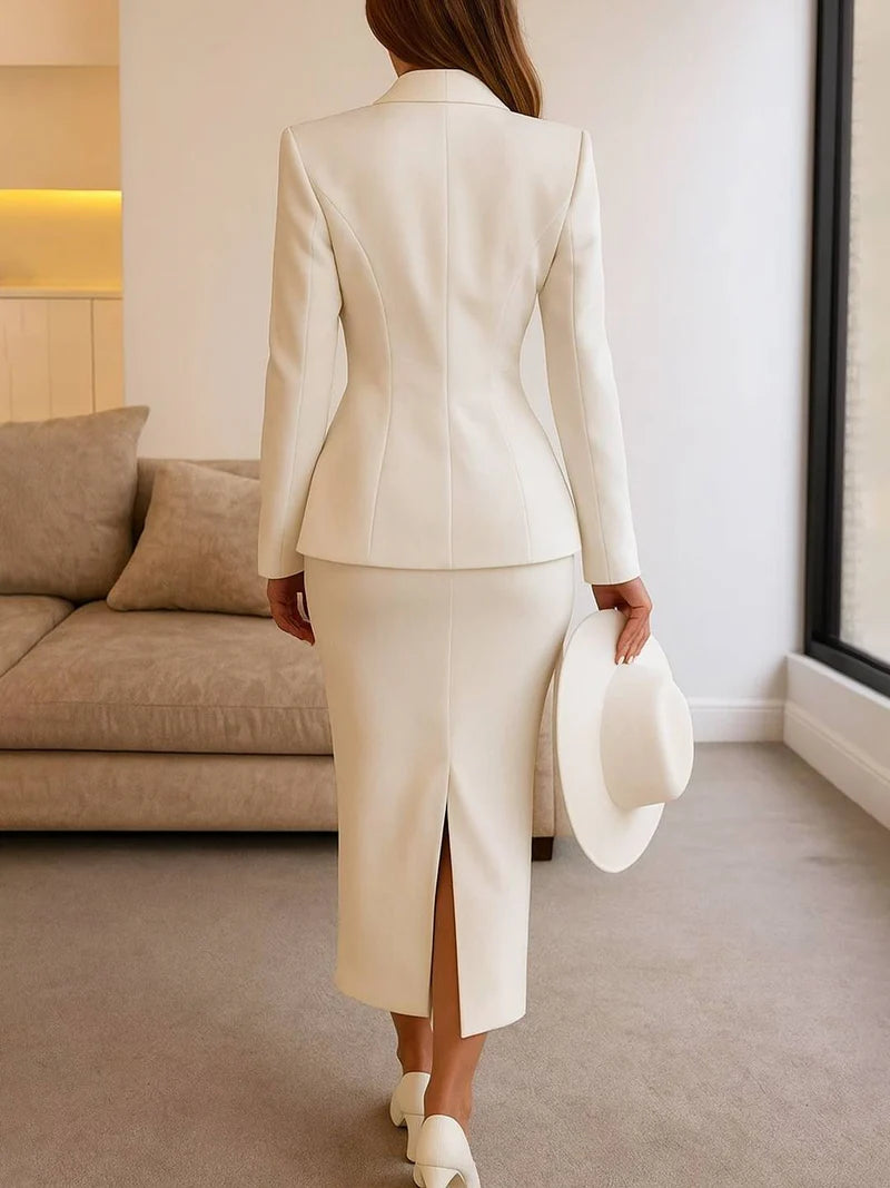 MEWE | Two-Piece Blazer and Skirt Set with Square Neck and Button Detail