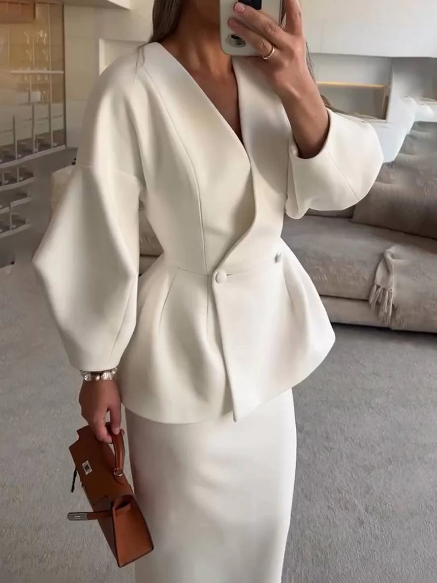 MEWE | Two-Piece Skirt Suit with Puff Sleeve Blazer and V-Neck Detail