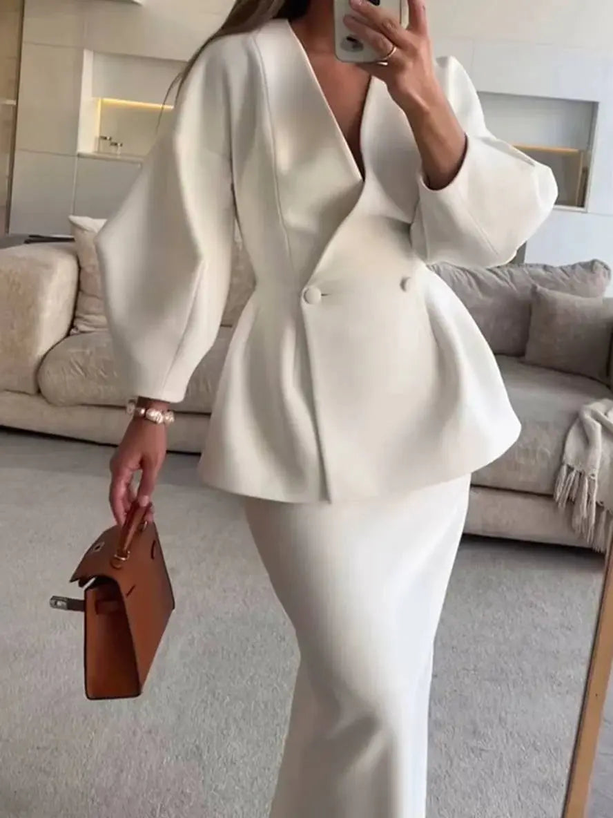 MEWE | Two-Piece Skirt Suit with Puff Sleeve Blazer and V-Neck Detail Mewe London