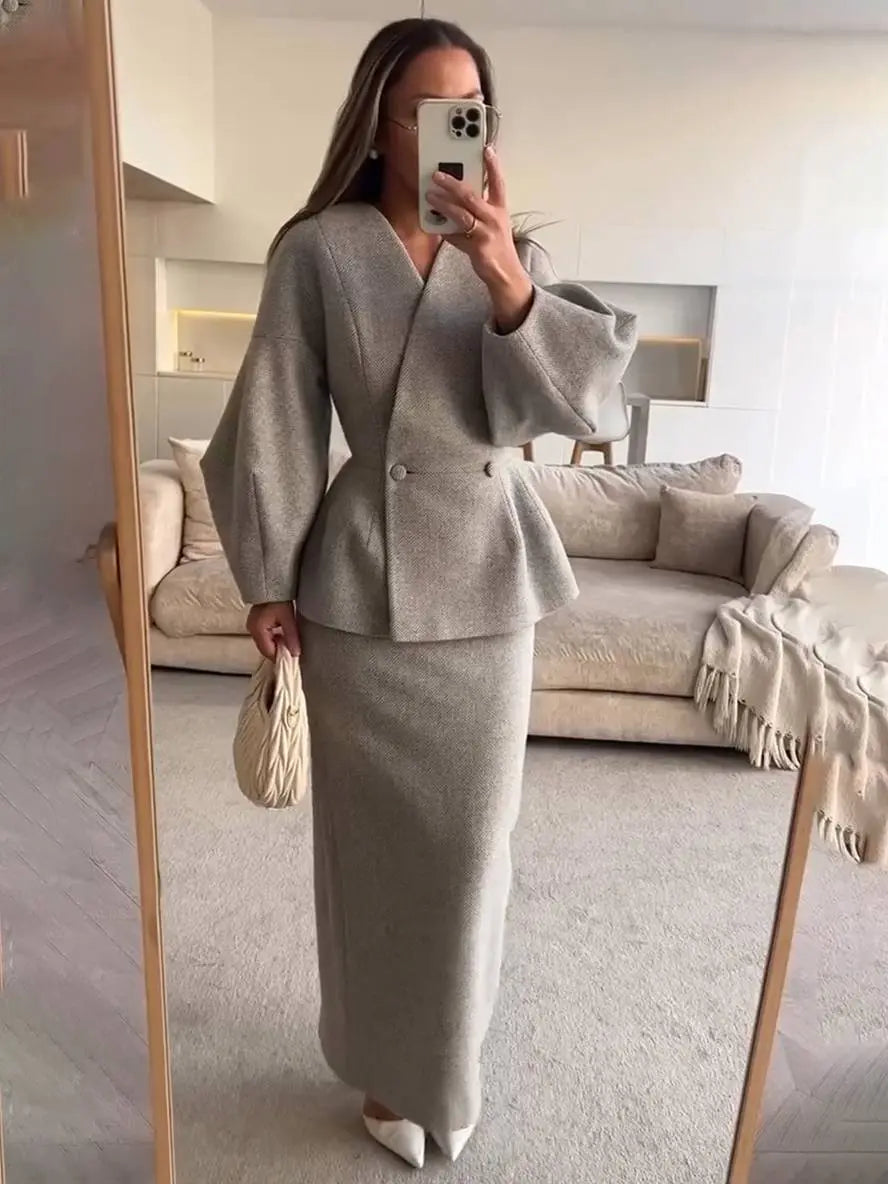 MEWE | Two-Piece Skirt Suit with Puff Sleeve Blazer and V-Neck Detail Mewe London